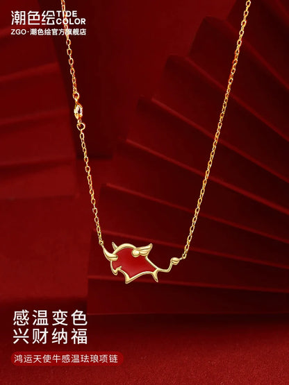 Lucky Red Ox 925 Sterling Silver Thermochromic Necklace