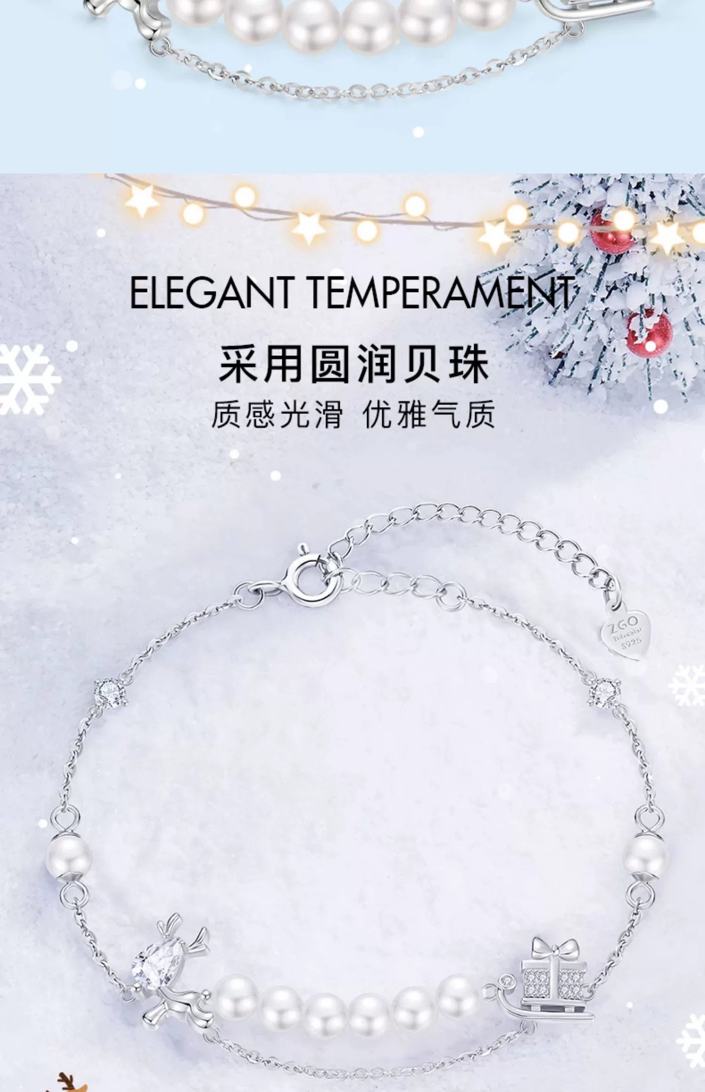 Christmas Reindeer Pearl 925 Sterling Silver Bracelet