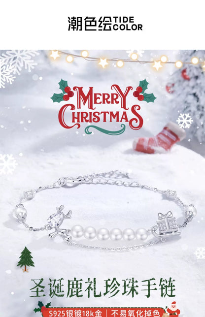 Christmas Reindeer Pearl 925 Sterling Silver Bracelet