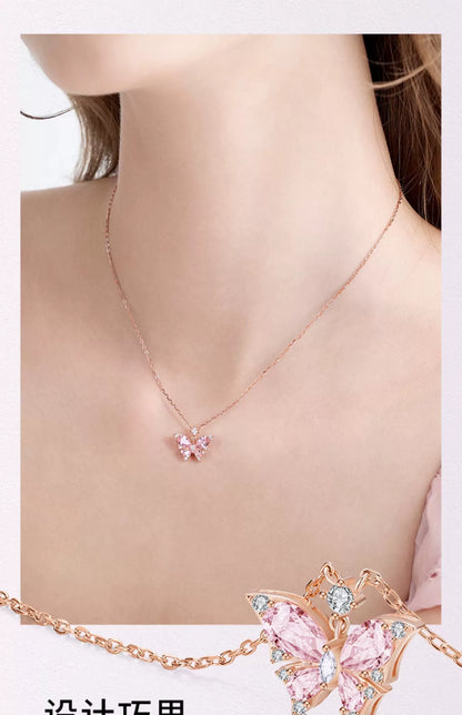Rose Quartz Butterfly18K Gold Plated 925 Sterling Silver Necklace