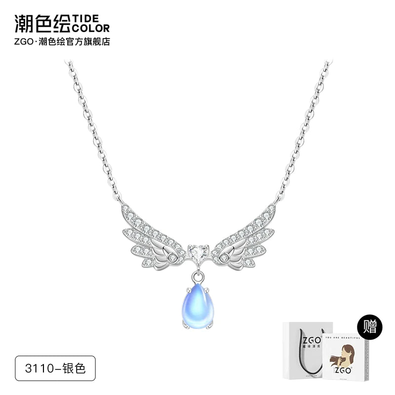 Angel's Wings Water Droplet Moonstone 925 Sterling Silver Necklace