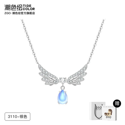 Angel's Wings Water Droplet Moonstone 925 Sterling Silver Necklace