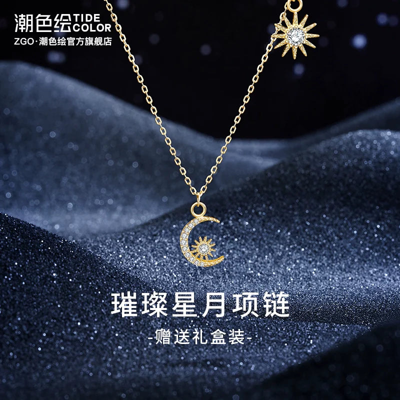 Moon & Stars Zircon 925 Sterling Silver Necklace