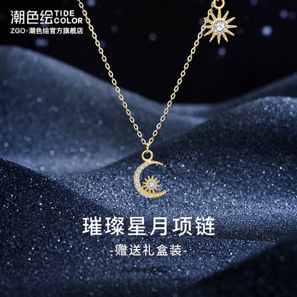 Moon & Stars Zircon 925 Sterling Silver Necklace