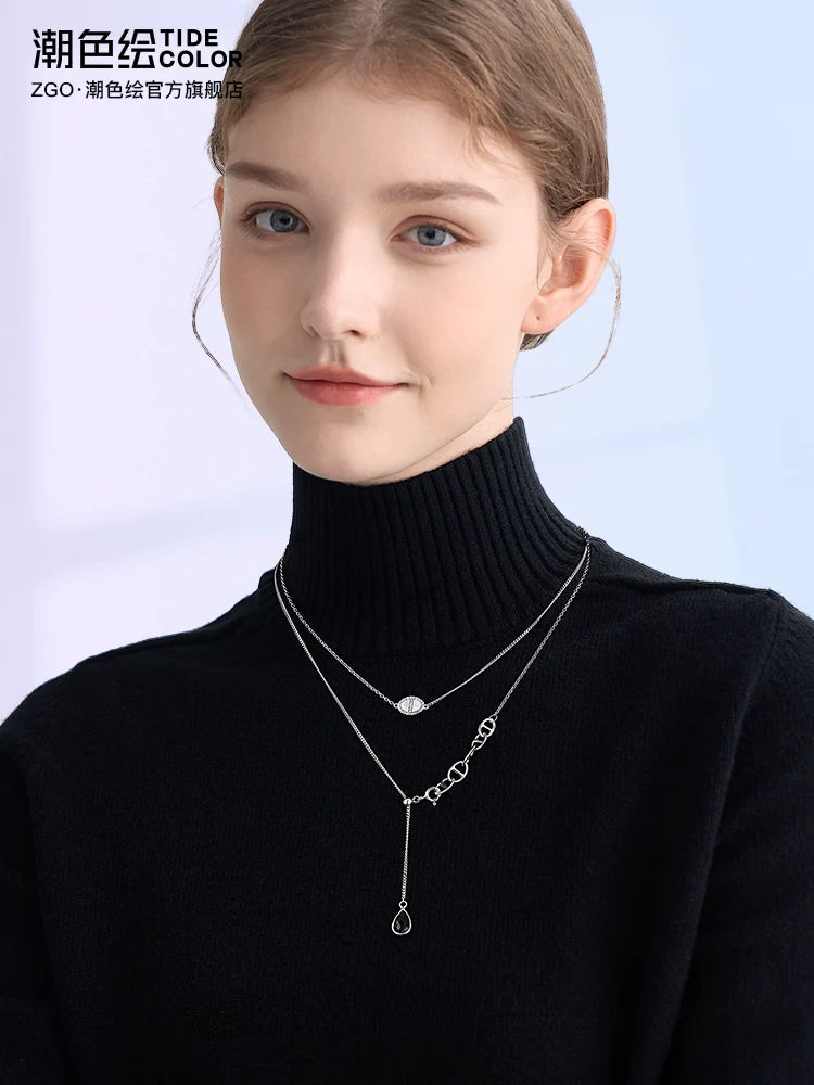 Water Droplet Ring Buckle Double Chain 925 Sterling Silver Necklace