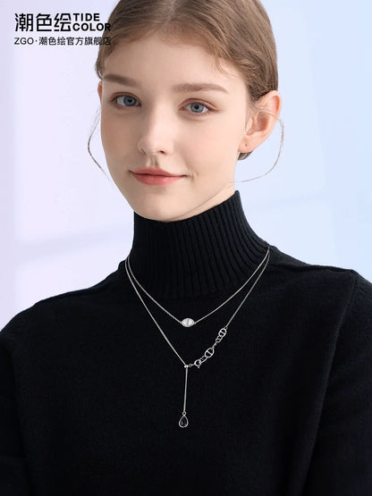 Water Droplet Ring Buckle Double Chain 925 Sterling Silver Necklace