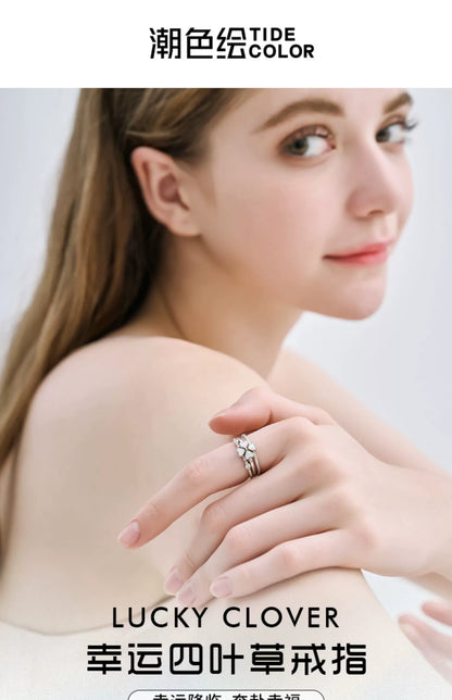 Lucky Four-Leaf Clover Pearl Shell 925 Sterling Silver Rings Set