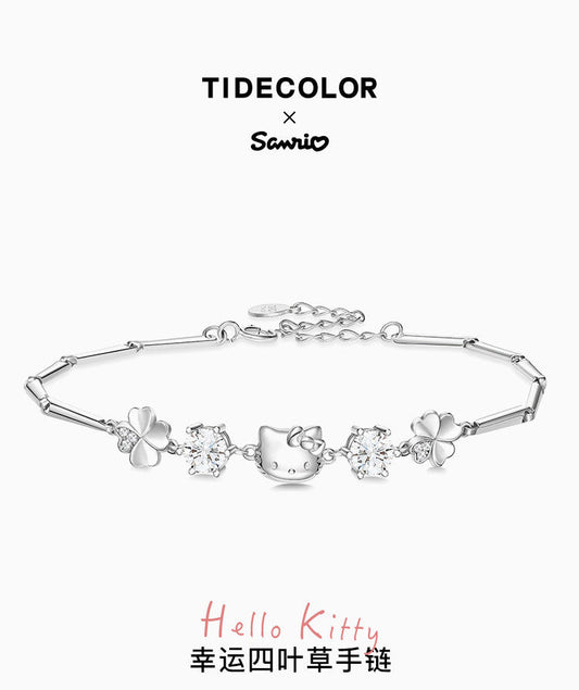 Hello Kitty Lucky 4-Leaf Clover Zircon 925 Sterling Silver Bracelet