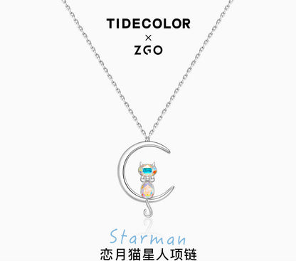 Cat & Moon 925 Sterling Silver Crystal Necklace