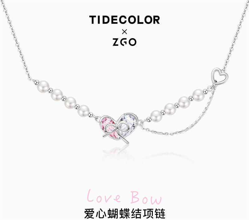 Butterfly Love Bow 925 Sterling Silver Pearl Necklace