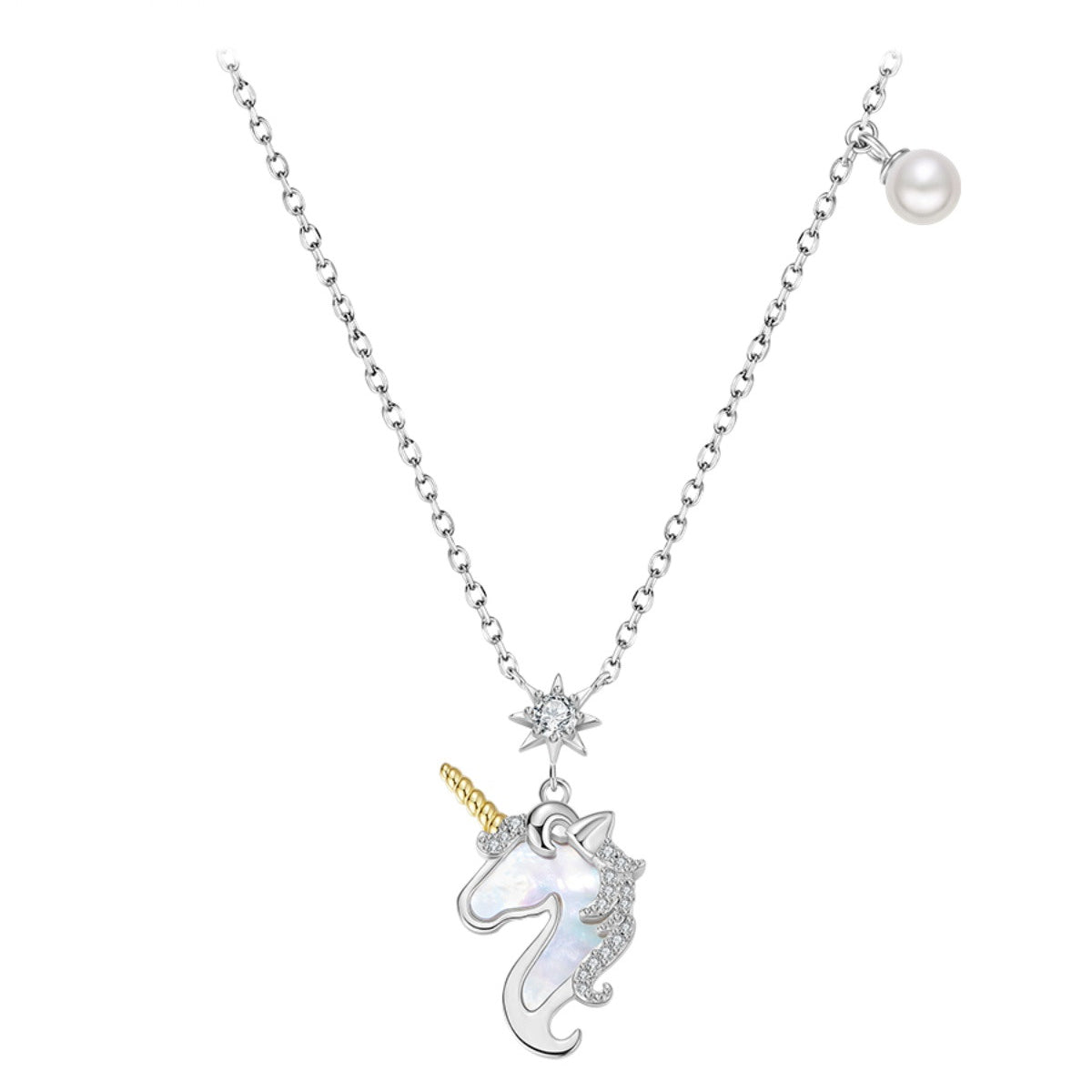 Unicorn 925 Sterling Silver Zircon Pearl Necklace