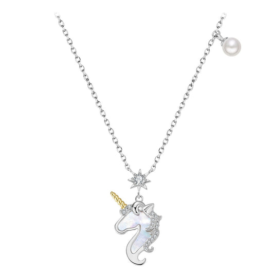 Unicorn 925 Sterling Silver Zircon Pearl Necklace