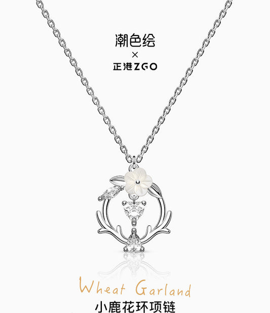 Deer Antlers & Wreath 925 Sterling Silver Necklace